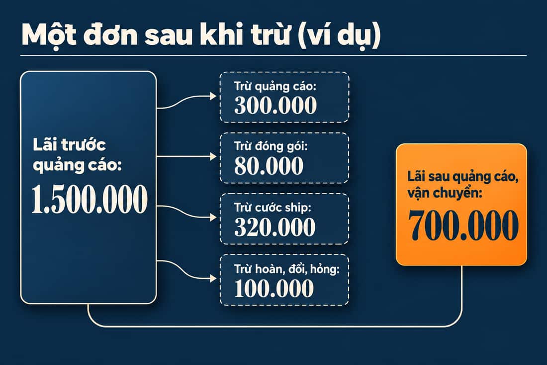 Sơ đồ từ lãi một đơn trước quảng cáo 1.500.000 trừ bốn khoản còn lãi sau quảng cáo và vận chuyển 700.000