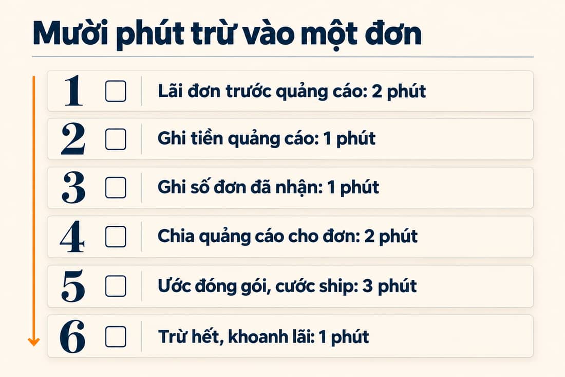 Bảng sáu việc trong mười phút để trừ quảng cáo, đóng gói, cước ship khỏi lãi một đơn