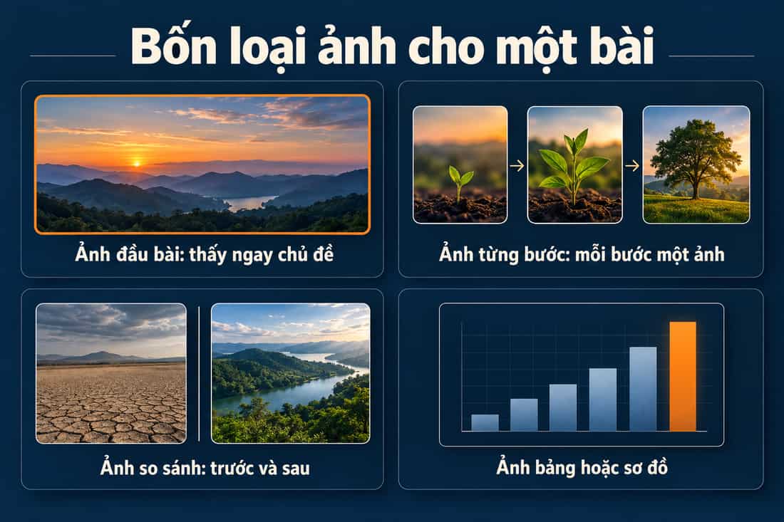 Bốn loại ảnh một bài nên có: ảnh đầu bài, ảnh từng bước, ảnh so sánh, ảnh bảng hoặc sơ đồ