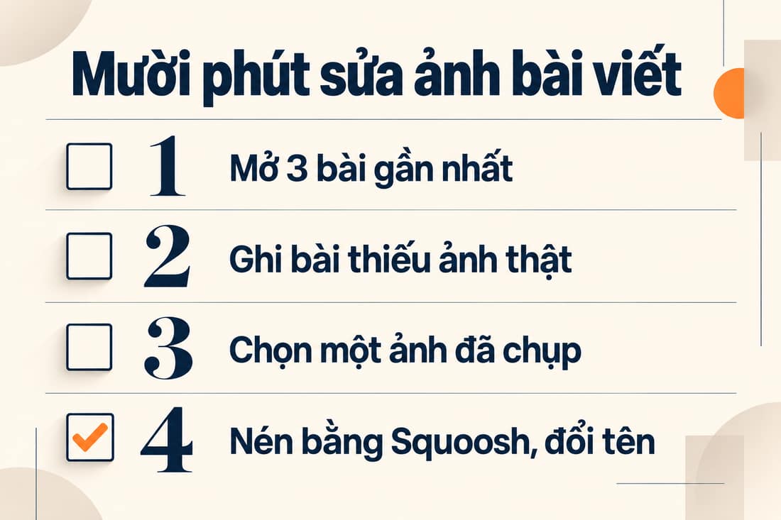 Bảng bốn việc làm trong mười phút: mở ba bài gần nhất, ghi bài thiếu ảnh thật, chọn một ảnh, nén và đổi tên