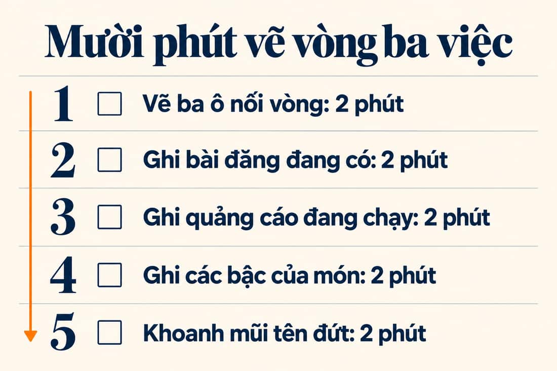 Bảng năm việc trong mười phút để vẽ vòng ba việc, từ vẽ ba ô đến khoanh mũi tên đứt