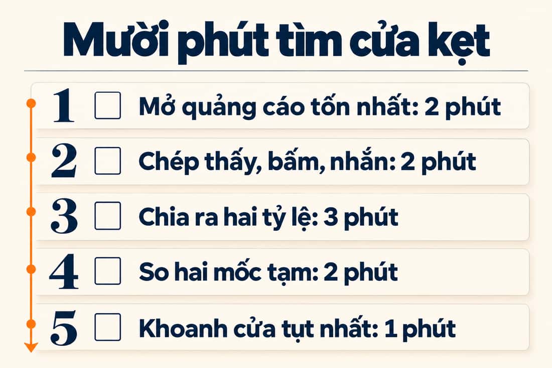 Bảng năm việc trong mười phút để tìm cửa kẹt, từ mở quảng cáo tốn nhất đến khoanh cửa tụt nhất
