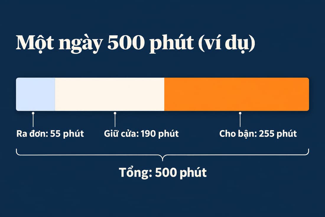 Sơ đồ thanh (ví dụ): ngày 500 phút gồm ra đơn 55, giữ cửa 190, cho bận 255 phút, đoạn cho bận tô cam