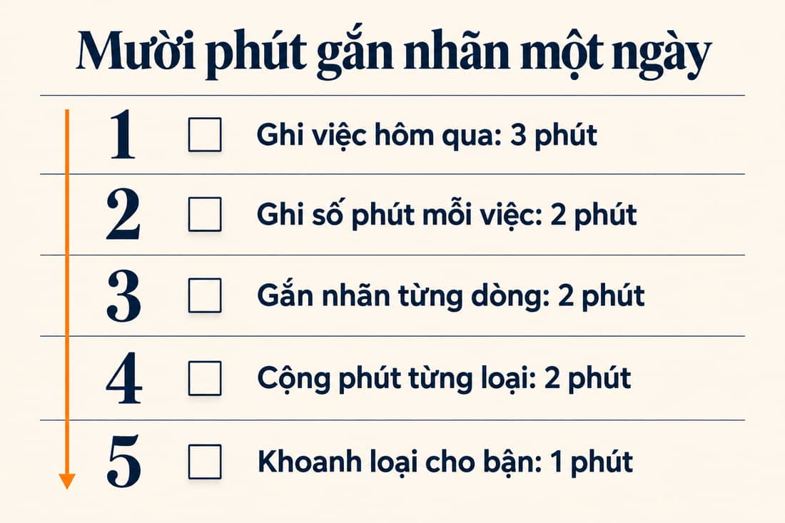 Bảng năm việc trong mười phút để gắn nhãn các việc của một ngày