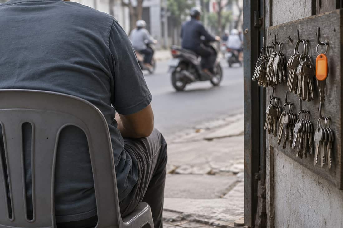 Tiệm cắt chìa khoá nhìn từ phía sau: người ngồi ghế nhựa nhìn ra phố, bảng gỗ thấp treo chìa khoá, móc cam