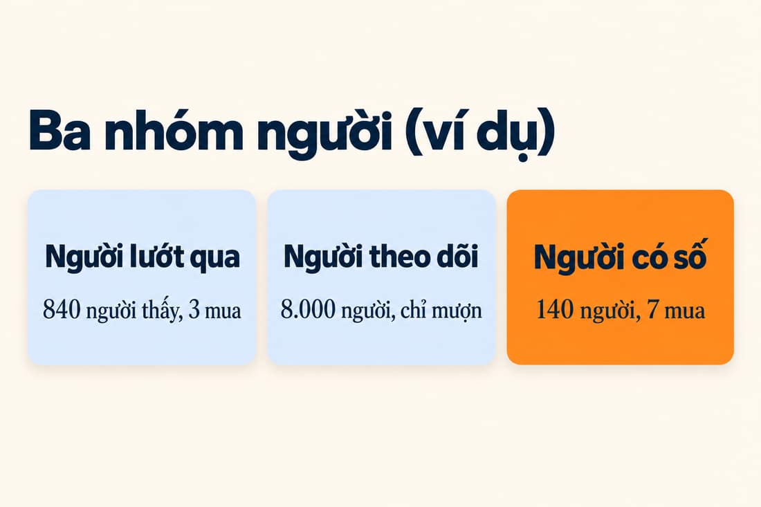 Ba hộp (ví dụ): lướt qua 840 người thấy, 3 mua; theo dõi 8.000, chỉ mượn; có số 140, 7 mua