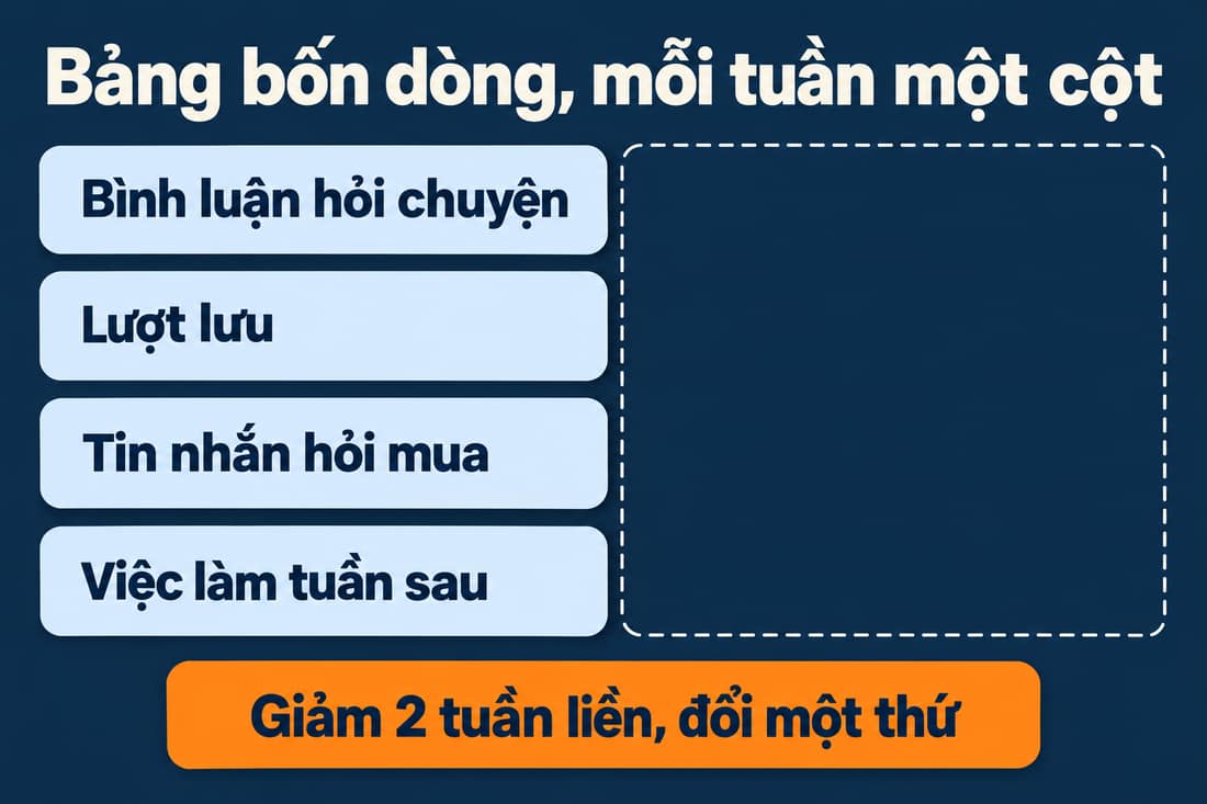 Sơ đồ bảng bốn dòng mỗi tuần một cột: bình luận hỏi chuyện, lượt lưu, tin nhắn hỏi mua, việc làm tuần sau