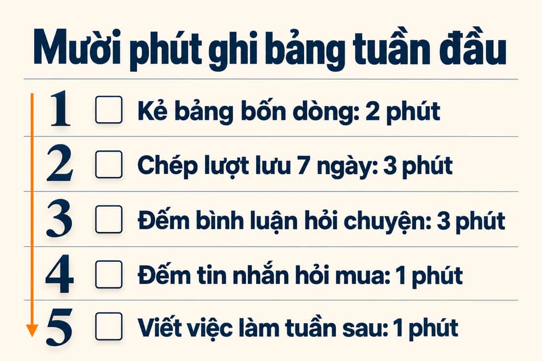 Bảng năm việc trong mười phút để ghi bảng tuần đầu, từ kẻ bảng bốn dòng đến viết việc làm tuần sau
