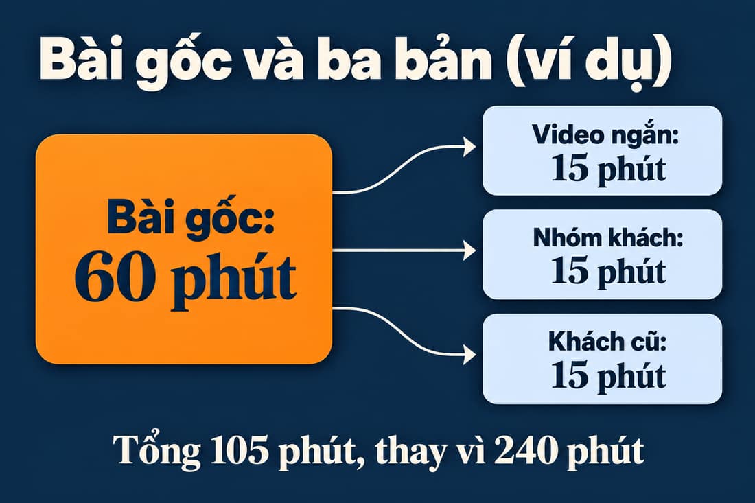 Sơ đồ ví dụ: bài gốc 60 phút toả ra ba bản rải, mỗi bản 15 phút, tổng 105 phút thay vì 240 phút