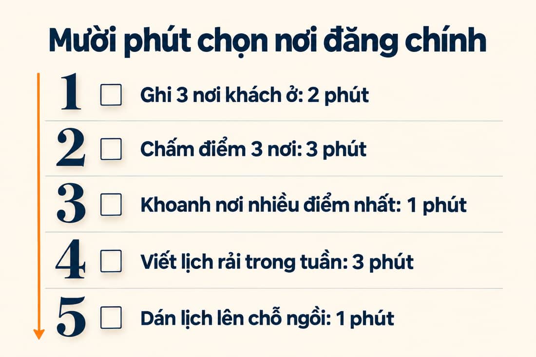 Bảng năm việc trong mười phút để chọn nơi đăng chính, từ ghi ba nơi đến dán lịch rải