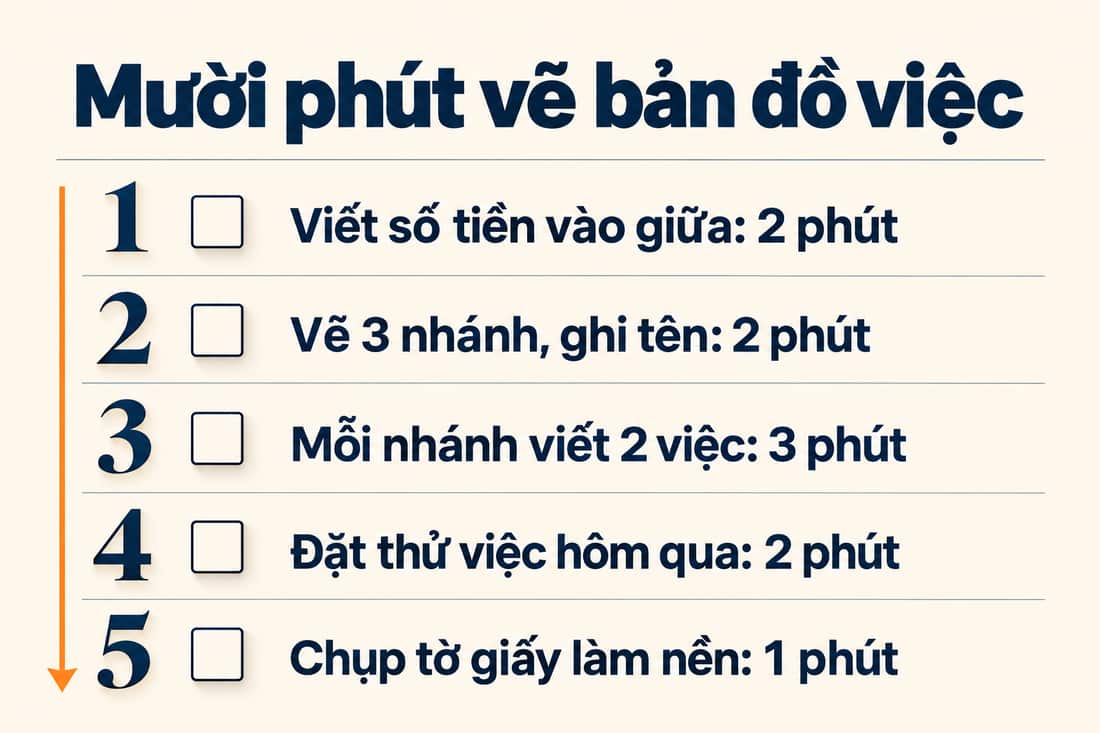 Bảng năm việc trong 10 phút để vẽ bản đồ việc, từ viết số tiền vào giữa đến chụp tờ giấy làm nền
