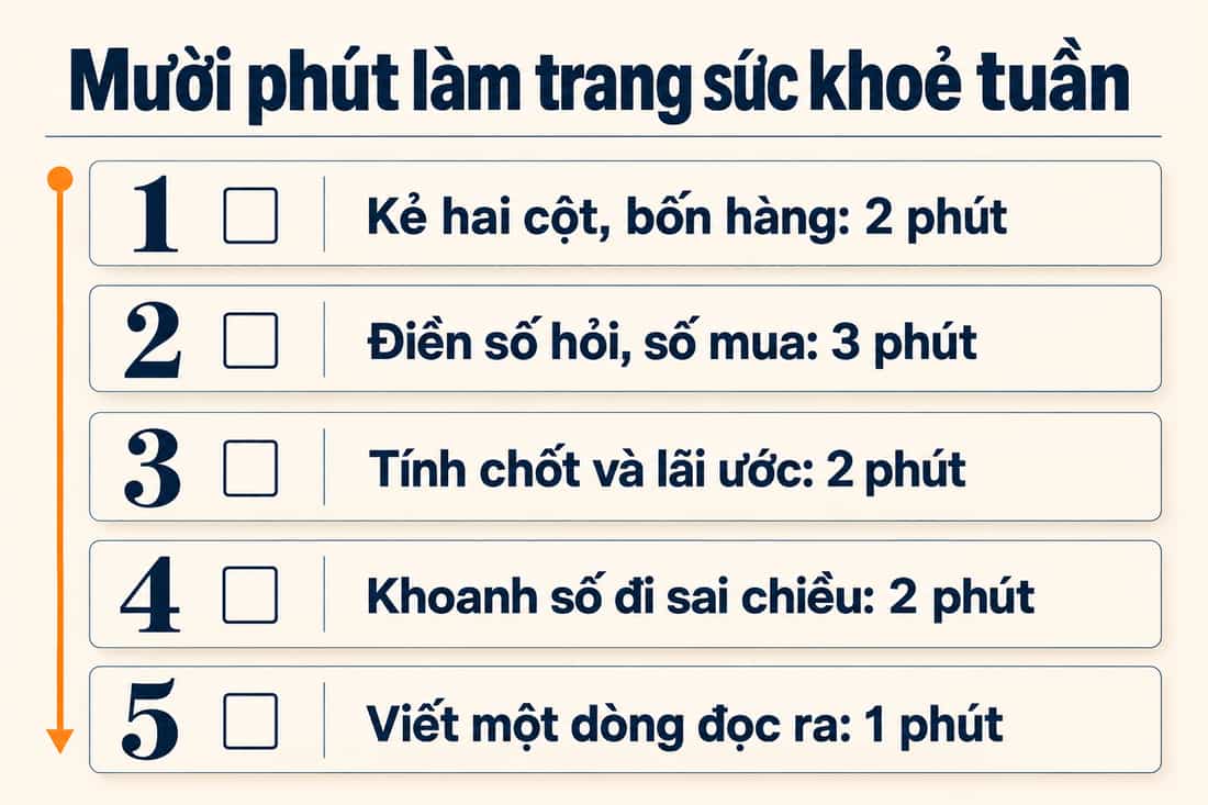 Bảng năm việc trong mười phút để làm trang sức khoẻ tuần, từ kẻ hai cột đến viết một dòng đọc ra