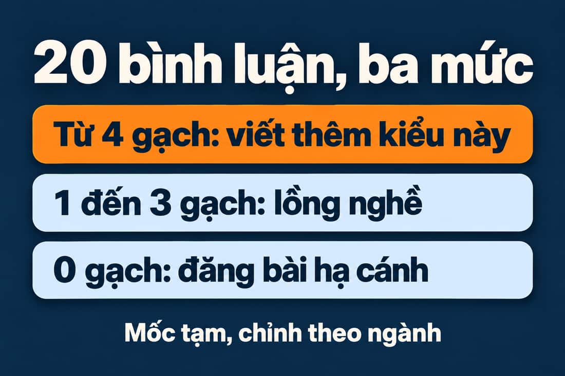 Sơ đồ ba mức bình luận: từ 4 gạch viết thêm, 1 đến 3 gạch lồng nghề, 0 gạch đăng bài hạ cánh