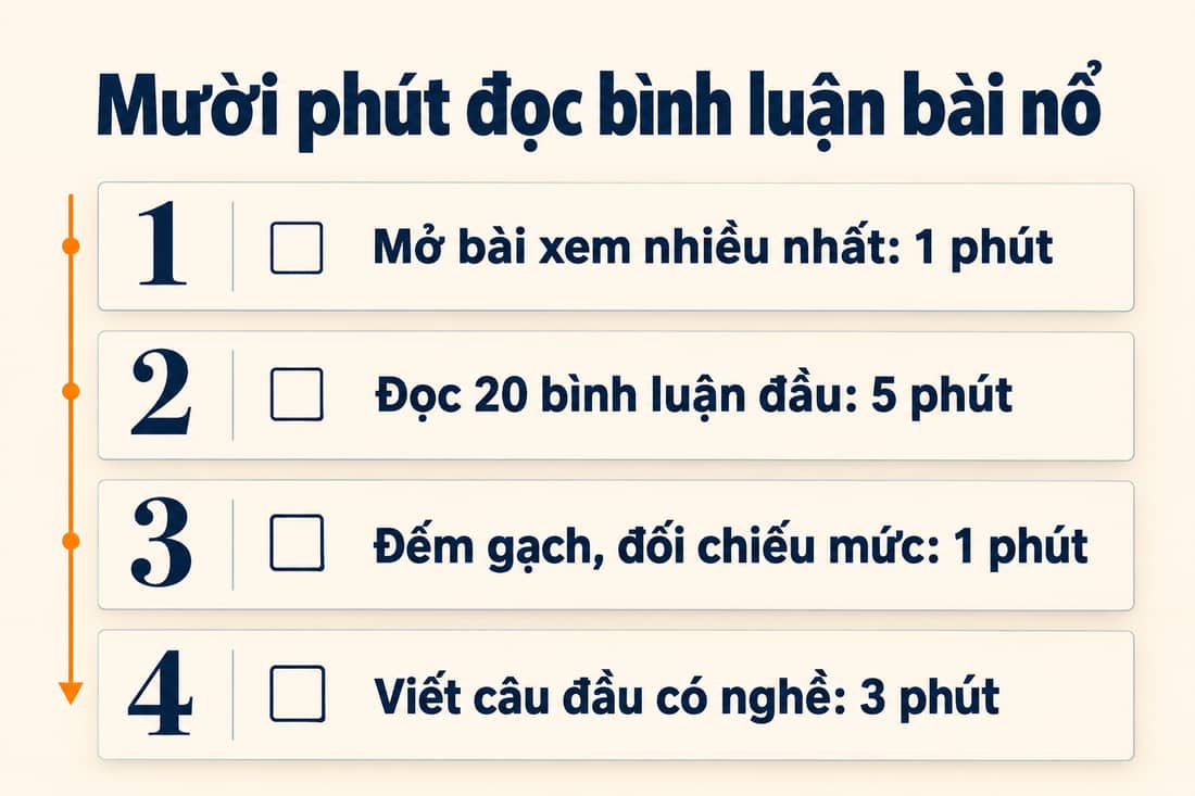 Bảng bốn việc trong mười phút để đọc bình luận bài nổ, từ mở bài đến viết câu đầu có nghề
