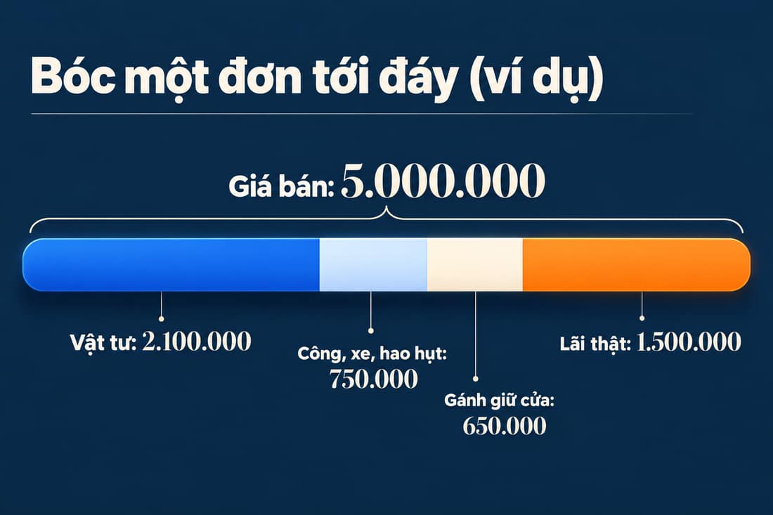 Sơ đồ thanh (ví dụ) chia giá bán 5.000.000 thành vật tư, công xe hao hụt, giữ cửa và lãi thật 1.500.000