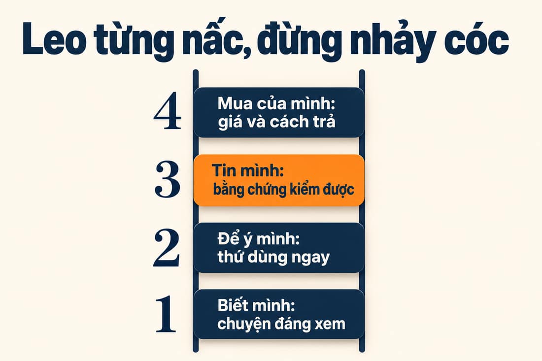 Thang bốn nấc từ dưới lên: biết mình, để ý mình, tin mình tô cam, mua của mình, mỗi nấc ghi thứ cần đưa