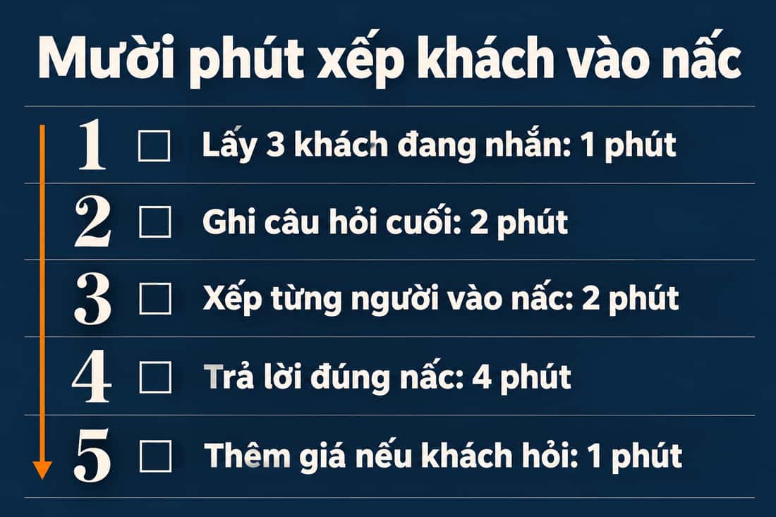 Bảng năm việc trong mười phút để xếp khách vào nấc, từ lấy 3 khách đến thêm giá khi khách hỏi