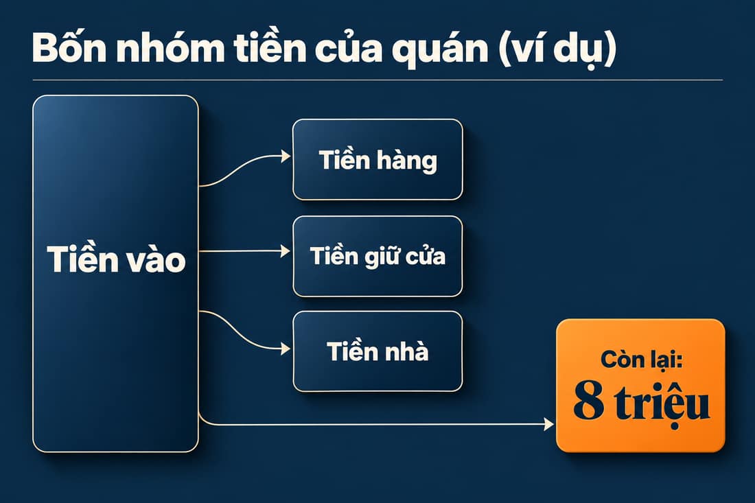 Sơ đồ bốn nhóm tiền của quán (ví dụ): từ khối tiền vào trừ đi tiền hàng, tiền giữ cửa, tiền nhà, phần còn lại là 8 triệu