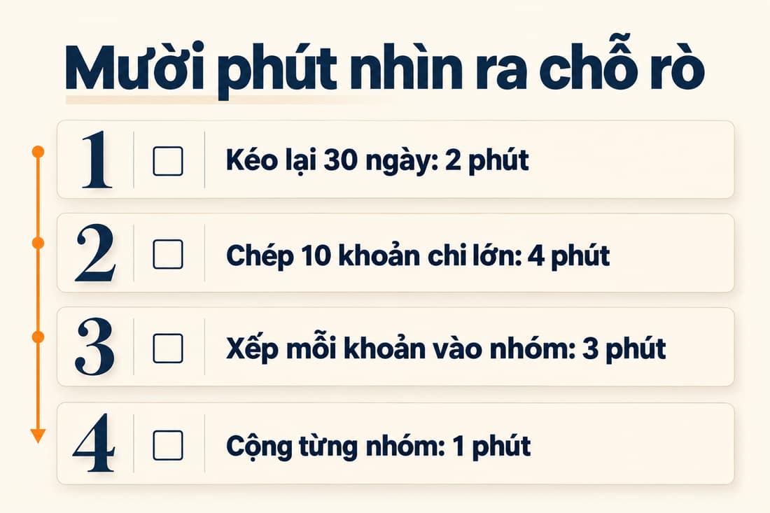 Bảng bốn việc trong mười phút: kéo lại 30 ngày, chép 10 khoản chi lớn, xếp mỗi khoản vào nhóm, cộng từng nhóm