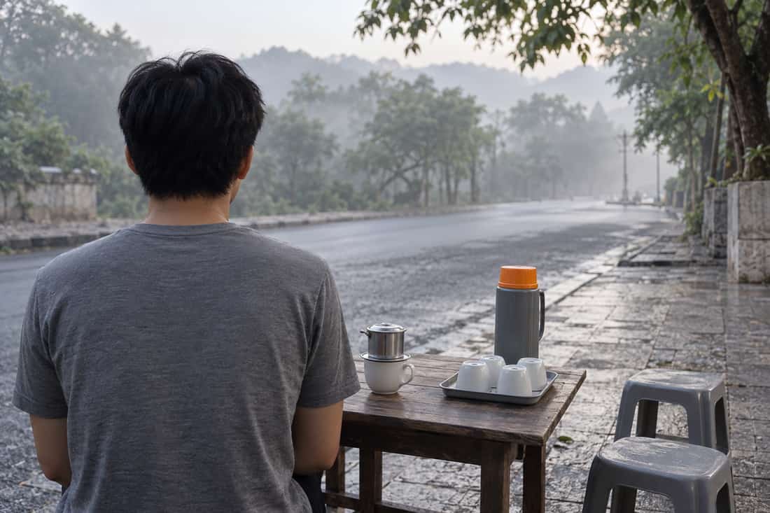 Quán cà phê vỉa hè buổi sớm nhìn từ sau lưng người đứng, trên bàn có phin nhôm, ly sứ, bình nắp cam