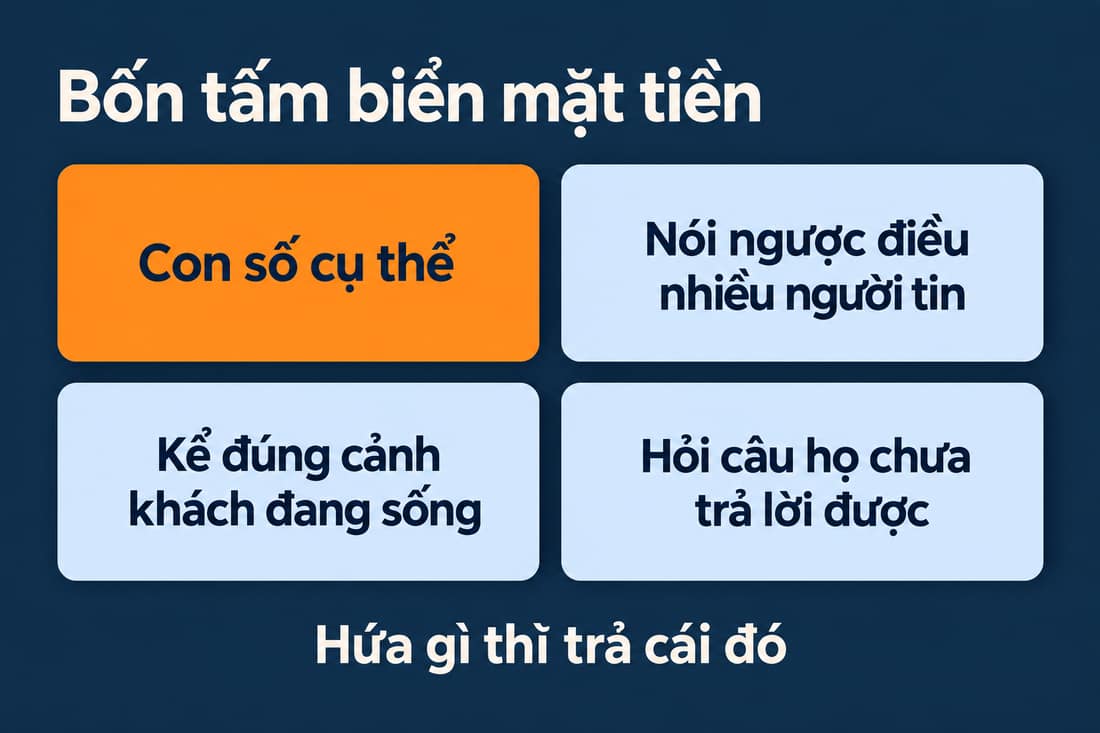 Sơ đồ 4 tấm biển mặt tiền: con số cụ thể, nói ngược, kể đúng cảnh, hỏi câu chưa trả lời được