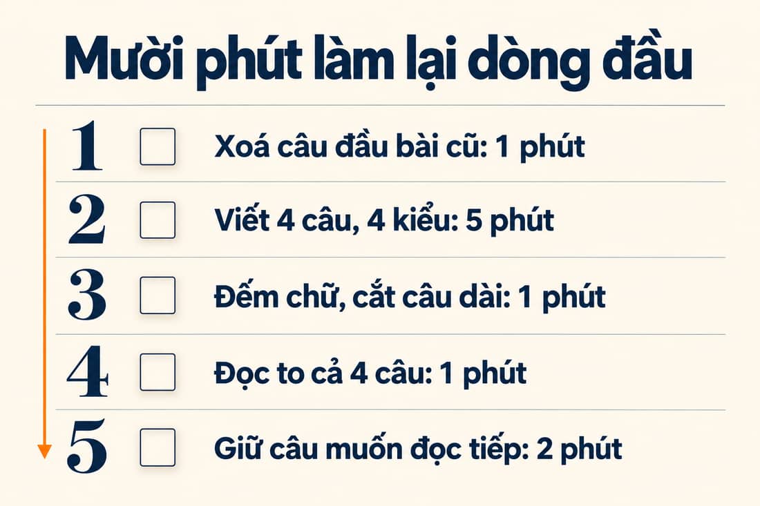 Bảng năm việc trong mười phút để làm lại dòng đầu, từ xoá câu cũ đến giữ câu mình muốn đọc tiếp