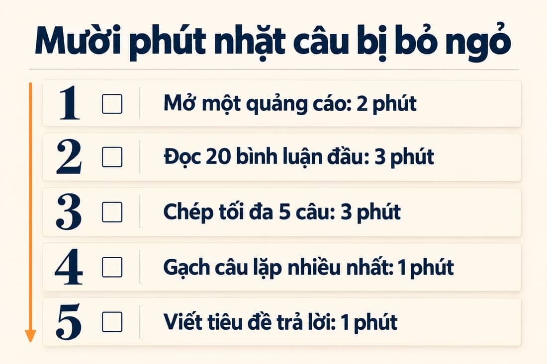 Bảng năm việc trong mười phút để nhặt câu bị bỏ ngỏ, từ mở một quảng cáo đến viết tiêu đề bài trả lời