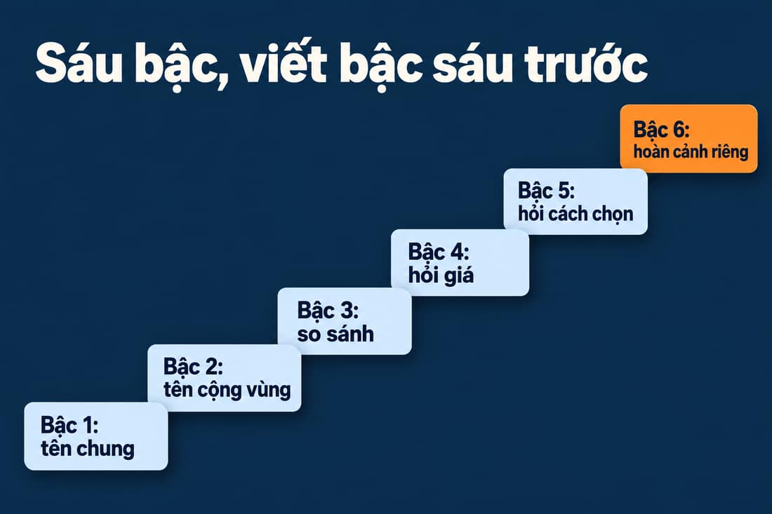 Thang sáu bậc từ khoá, từ tên chung đến hoàn cảnh riêng; bậc sáu cao nhất tô cam, viết trước