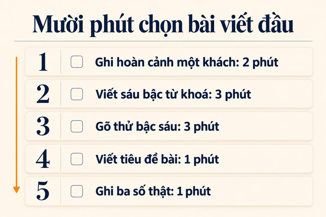 Bảng năm việc trong mười phút để chọn bài viết đầu, từ ghi hoàn cảnh một khách đến ghi ba số thật