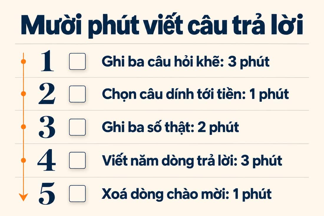 Bảng năm việc trong mười phút để trả lời một câu hỏi khẽ, từ ghi ba câu đến xoá dòng chào mời