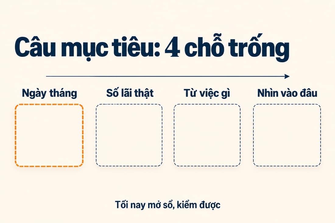 Câu mục tiêu có 4 chỗ trống nối bằng mũi tên: ngày tháng, số lãi thật, từ việc gì, nhìn vào đâu