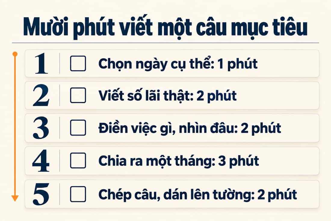 Bảng năm việc trong 10 phút để viết câu mục tiêu, từ chọn ngày cụ thể đến chép câu và dán lên tường