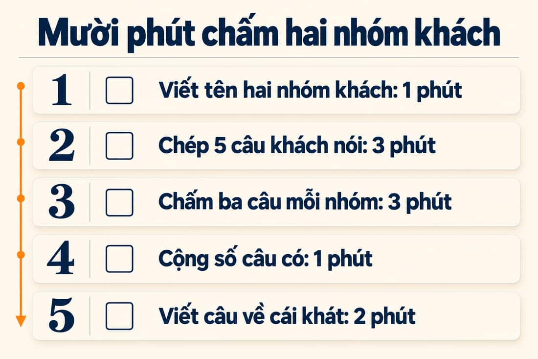 Bảng năm việc trong mười phút để chấm hai nhóm khách, từ viết tên nhóm đến viết câu về cái khát