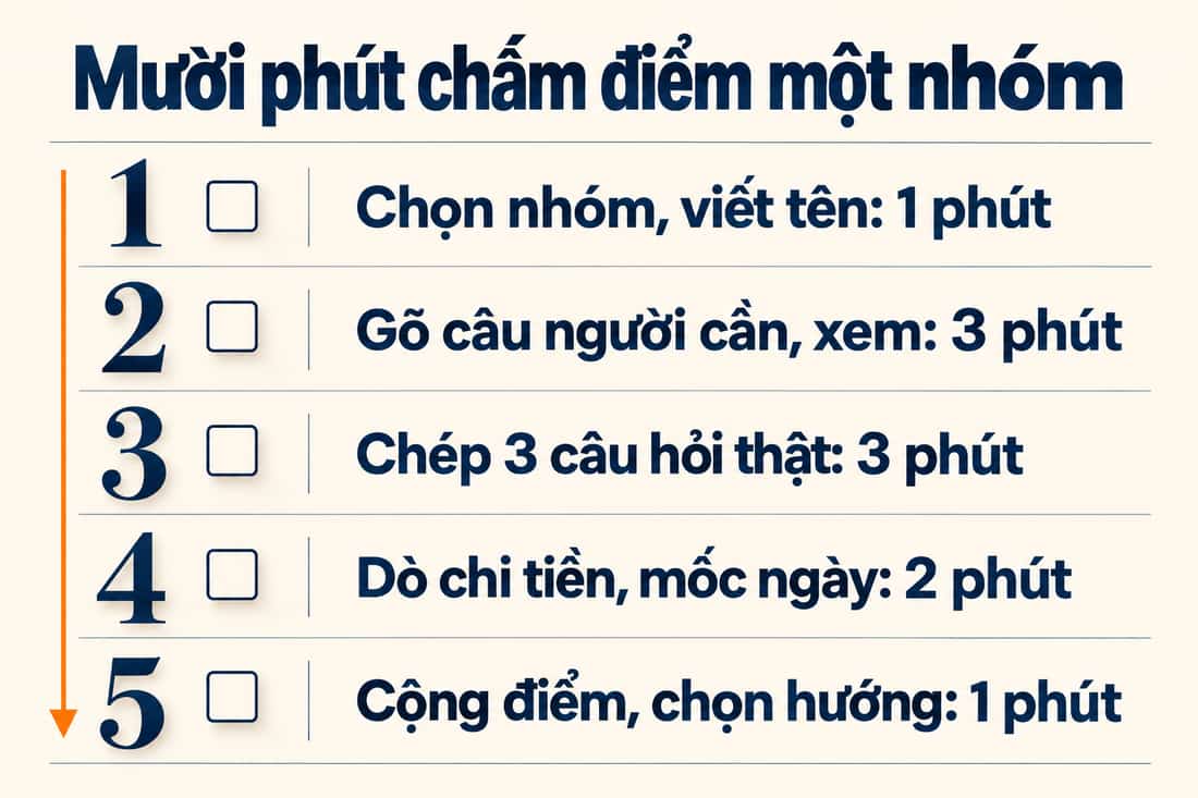 Bảng năm việc trong mười phút để chấm điểm một nhóm khách, từ chọn nhóm đến cộng điểm