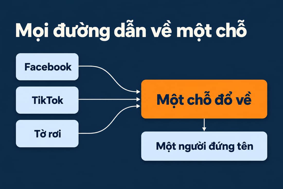 Sơ đồ: Facebook, TikTok, tờ rơi cùng dẫn về một chỗ đổ về, bên dưới là một người đứng tên