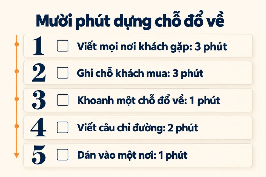 Bảng năm việc trong mười phút để dựng chỗ đổ về, từ viết mọi nơi khách gặp đến dán câu chỉ đường