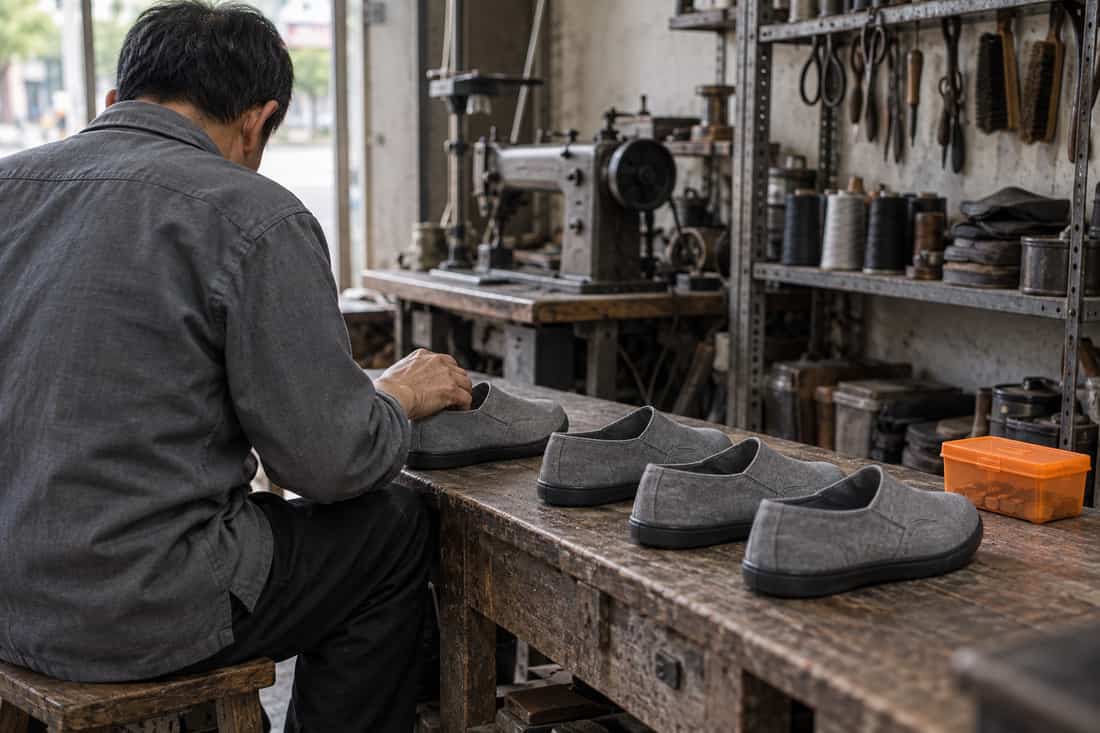 Tiệm sửa giày chụp thấp ngang bàn: bàn tay người cắt từ ngực, bốn đôi giày xếp chéo ra xa, hộp tiền cam cuối hàng