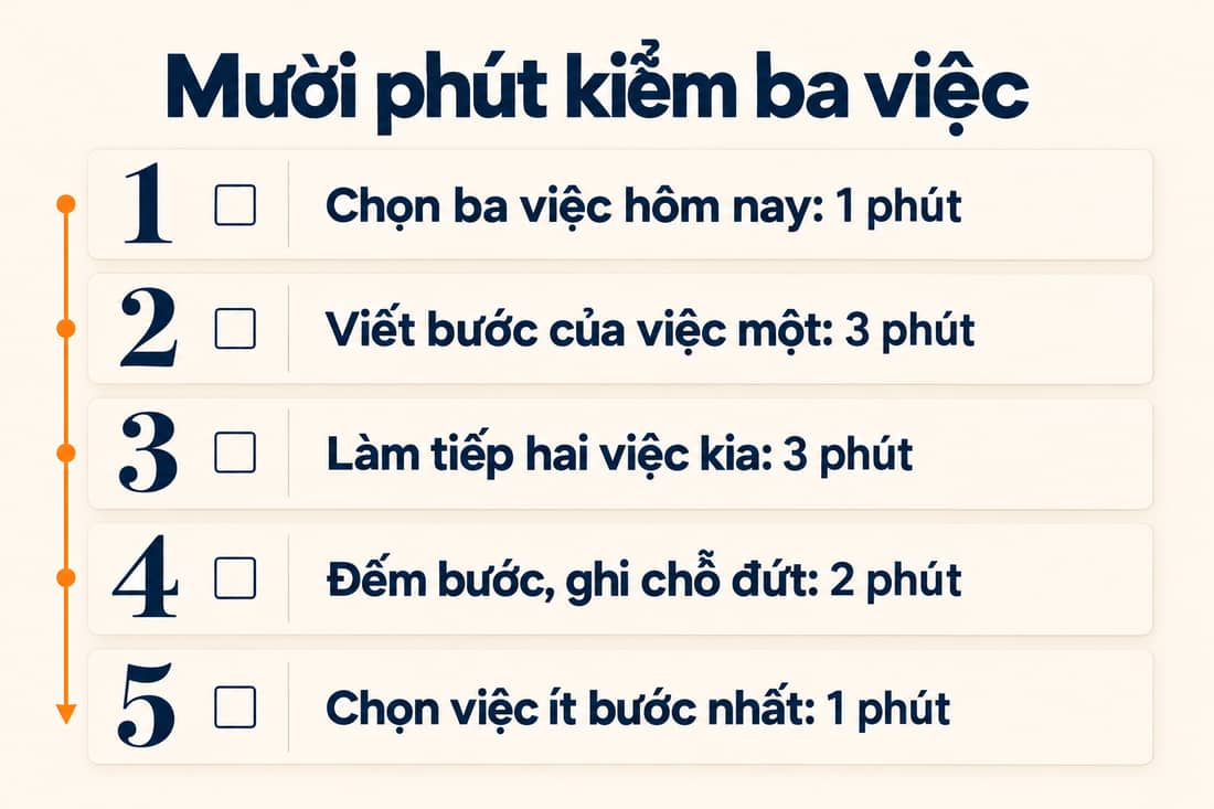 Bảng năm việc trong mười phút để viết chuỗi bước từ ba việc tới lúc có người trả tiền
