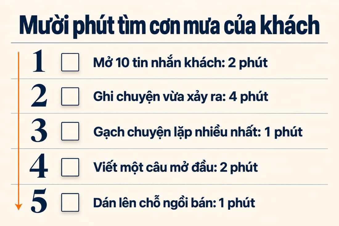 Bảng năm việc trong mười phút, từ mở tin nhắn của khách đến dán giấy lên chỗ ngồi bán