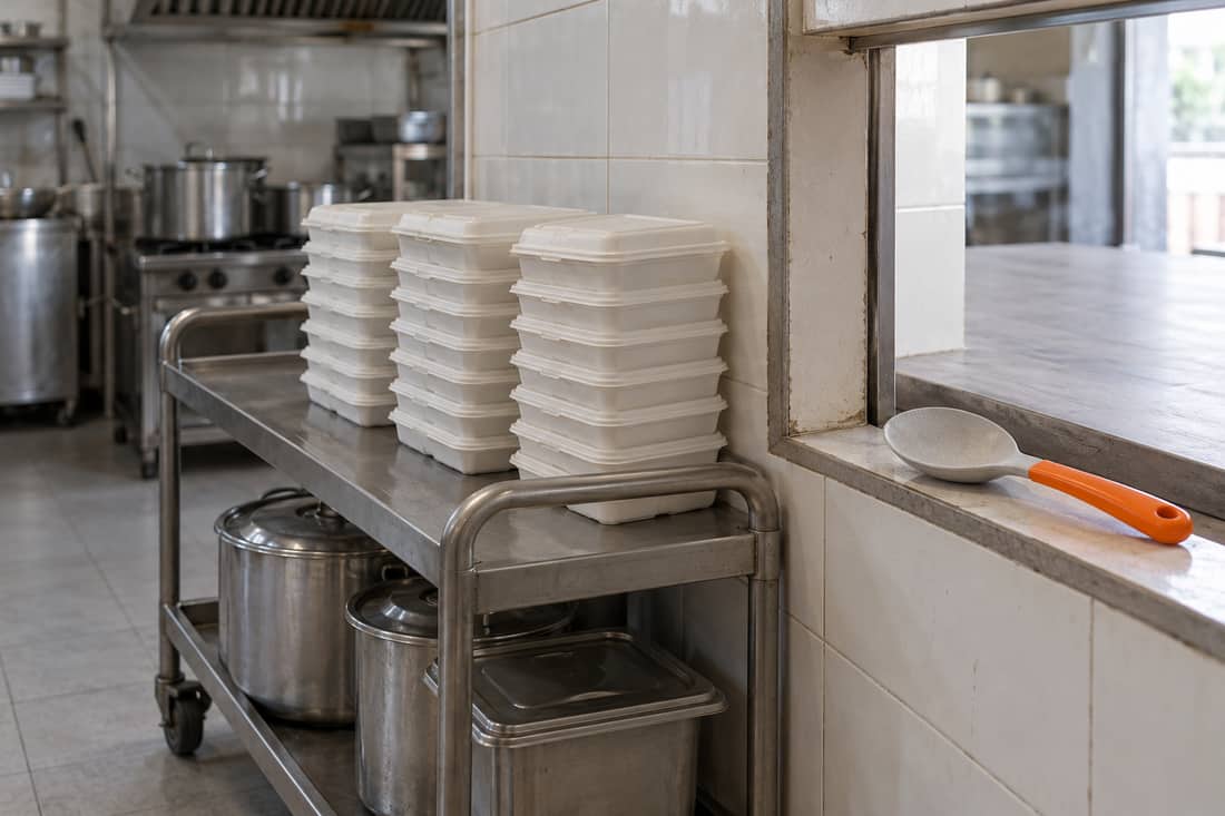 Bếp quán cơm hộp, ba chồng hộp cơm dồn sát một ô cửa phát đồ hẹp, chiếc muôi cán cam trên bậu cửa