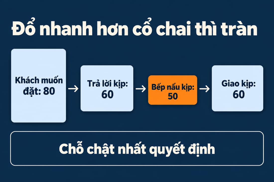Sơ đồ cổ chai: 80 khách muốn đặt, trả lời kịp 60, bếp nấu kịp 50, giao kịp 60; chỗ chật nhất quyết định