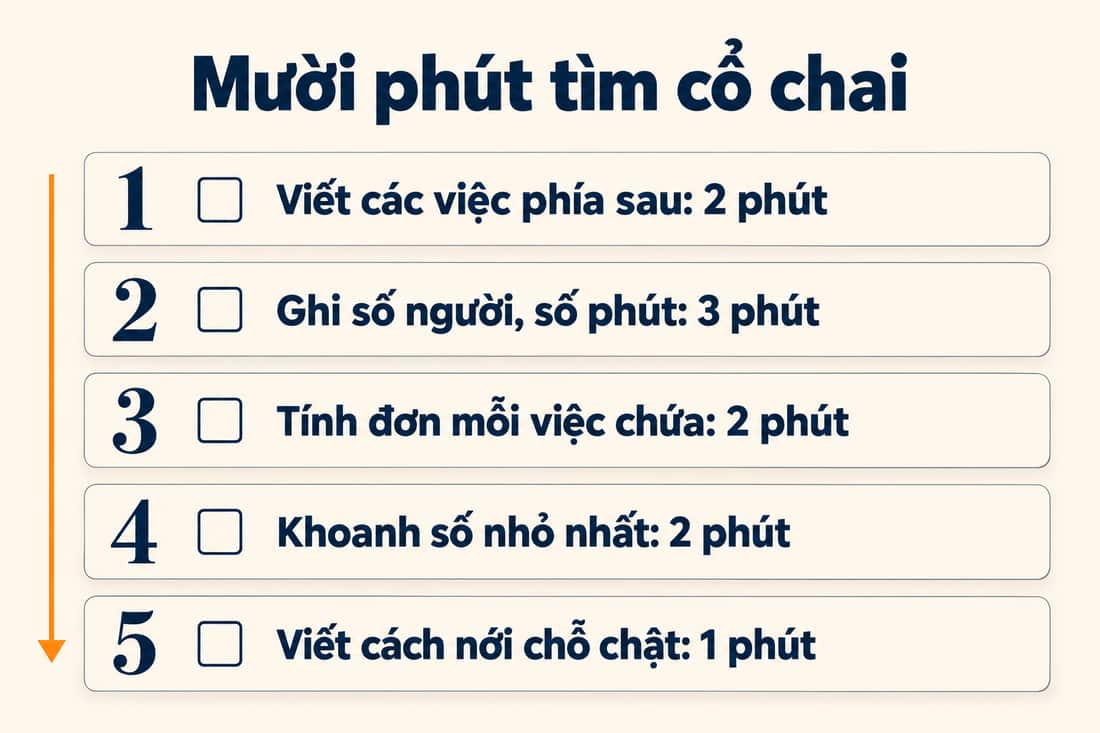 Bảng năm việc trong mười phút để tìm cổ chai, từ viết các việc phía sau đến viết cách nới chỗ chật