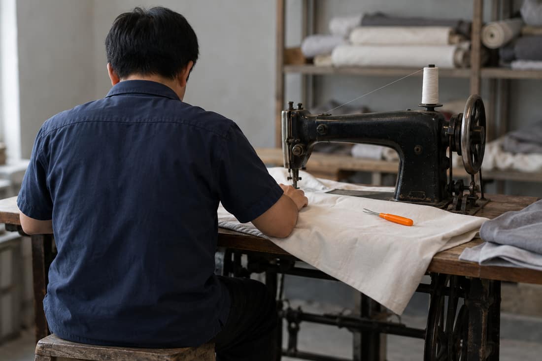 Người thợ ngồi quay lưng nghiêng nhẹ trước máy may cũ, dụng cụ tháo chỉ cán cam trên mảnh vải