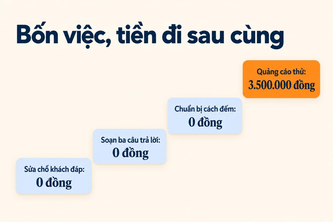 Bốn việc theo thứ tự: sửa chỗ khách đáp, soạn ba câu trả lời, chuẩn bị cách đếm, rồi mới chạy quảng cáo thử