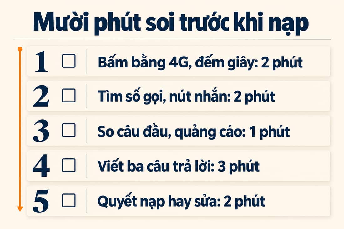 Bảng năm việc trong mười phút: bấm bằng 4G, tìm số gọi, so câu đầu, viết ba câu trả lời, quyết nạp hay sửa