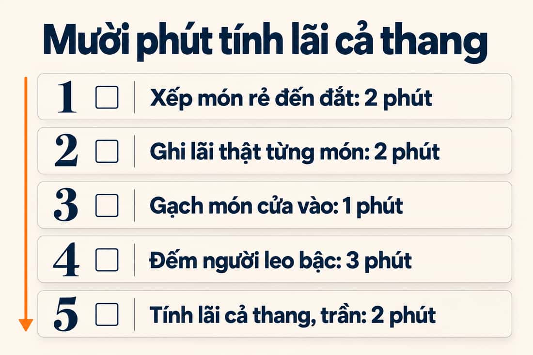 Bảng năm việc trong mười phút để tính lãi cả thang giá, từ xếp món rẻ đến đắt đến tính trần