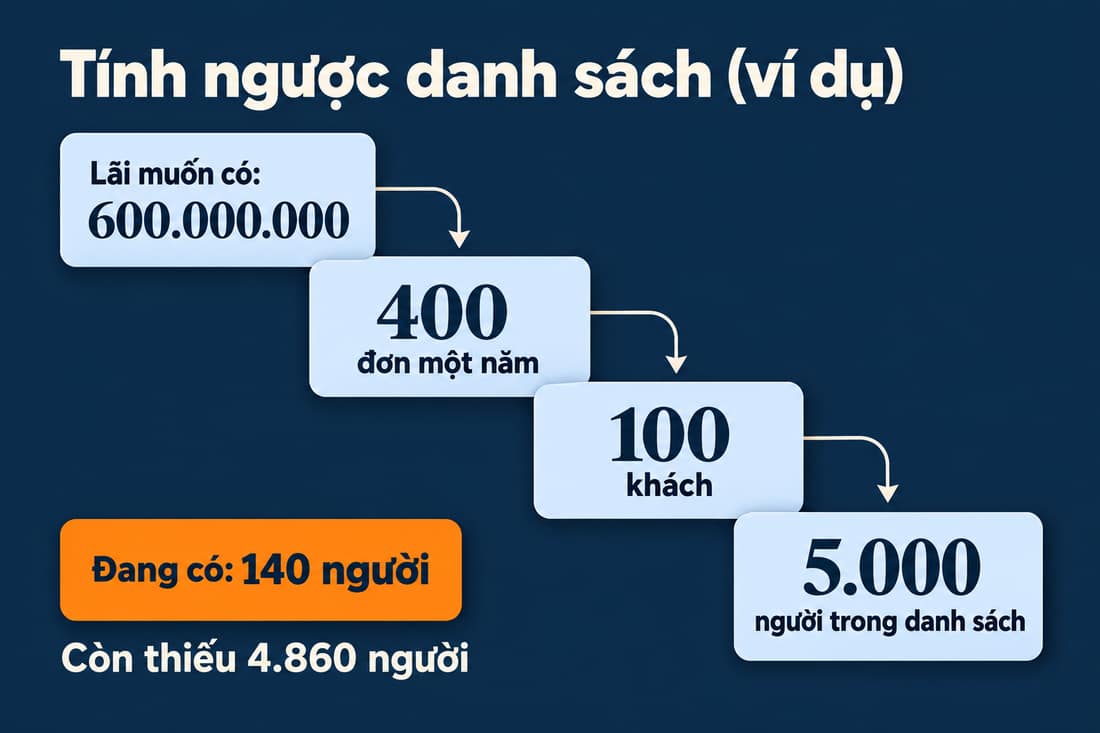 Thang bốn bậc (ví dụ): lãi 600.000.000, 400 đơn, 100 khách, 5.000 người trong danh sách; đang có 140, thiếu 4.860