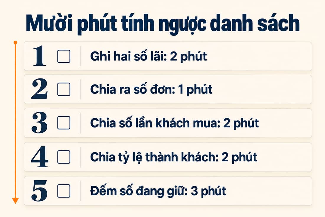 Bảng năm việc trong 10 phút để tính ngược danh sách, từ ghi hai số lãi đến đếm số người đang giữ