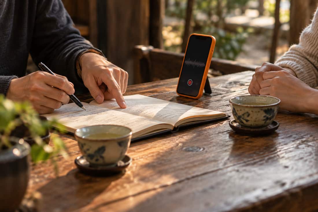 Hai người ngồi đối diện bên bàn quán trà, chiếc điện thoại ốp lưng cam đang ghi âm đặt giữa bàn, bàn tay chỉ vào cuốn sổ