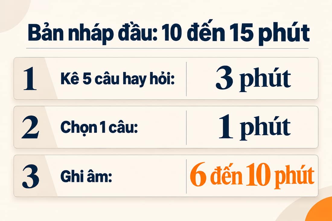 Bảng ba việc trong khoảng mười đến mười lăm phút: kê năm câu khách hay hỏi, chọn một câu, ghi âm trả lời từ sáu đến mười phút